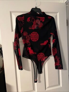 Fashion Nova Black & Red Dragon Print Mesh Bodysuit